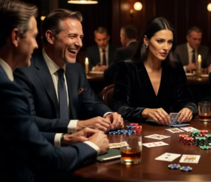 Goście podczas emocjonującego rozdania pokerowego w luksusowej restauracji, w nastrojowym świetle