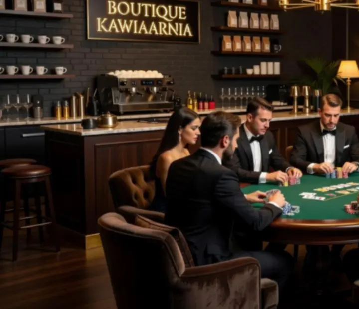 Boutique'owa kawiarnia z centralnie ustawionym stołem pokerowym