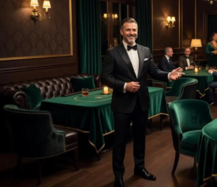 Elegancki wieczór pokerowy przy restauracyjnym stole z gośćmi i prowadzącym