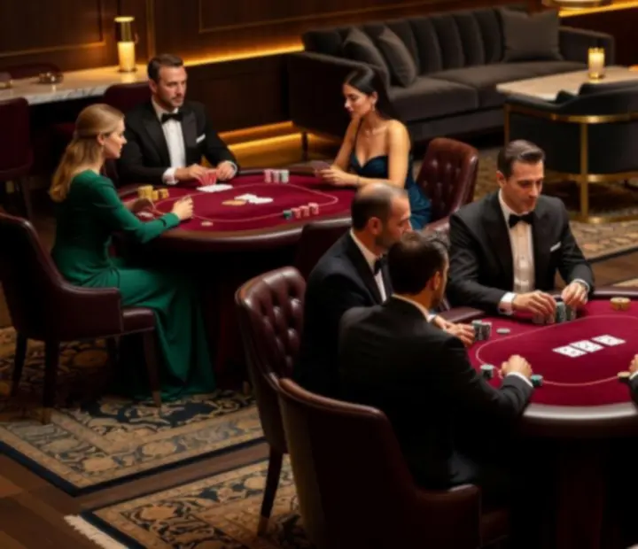 Elegancka restauracja zamieniona w premium pokerowy event z gośćmi i profesjonalnym stołem