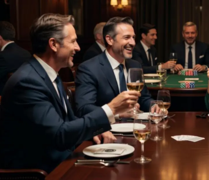 Uśmiechnięci goście podczas eleganckiego pokerowego eventu, wznoszący toast przy stole