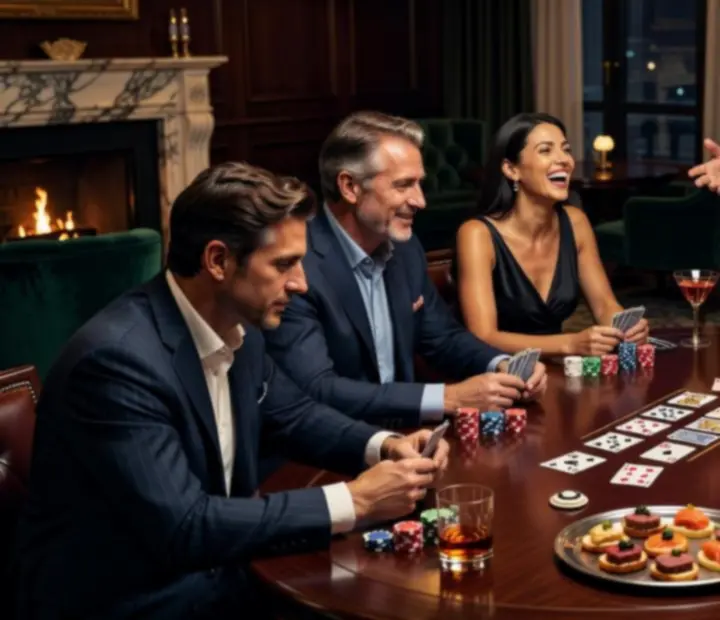 Goście przy eleganckim stole pokerowym podczas wieczoru firmowego