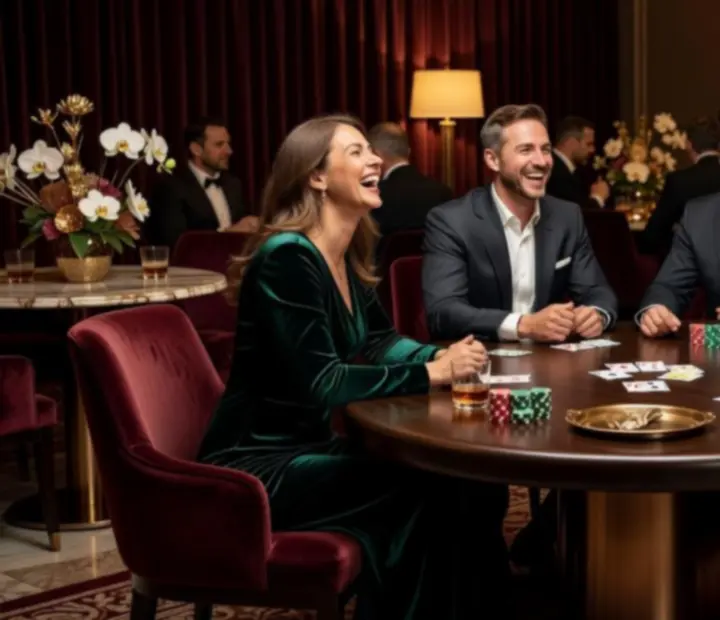 Stylowe wnętrze kawiarni z eleganckim stołem pokerowym i bawiącymi się gośćmi