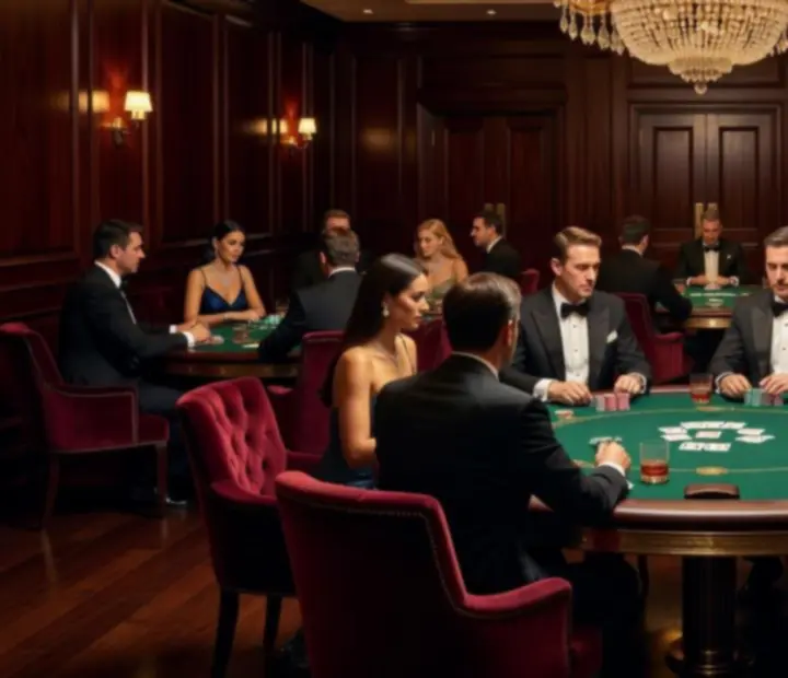 Elegancka restauracja podczas wieczoru pokerowego z nastrojowym oświetleniem i profesjonalnie przygotowanymi stołami
