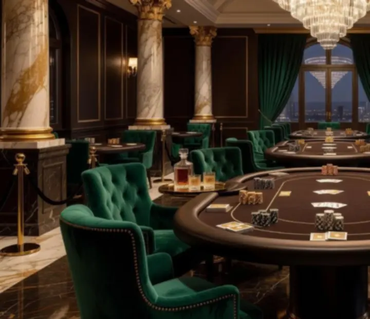 Stylizowana sala restauracyjna przekształcona w ekskluzywny klub pokerowy z nastrojowym oświetleniem i przygotowanymi stołami