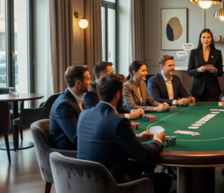 Zespół podczas team-buildingu przy profesjonalnym stole pokerowym