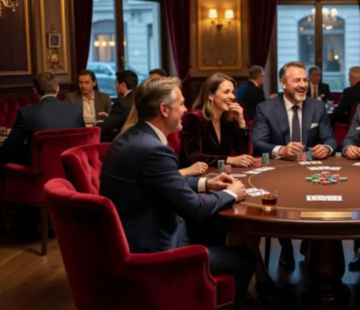Zadowoleni goście rozmawiający przy stole pokerowym